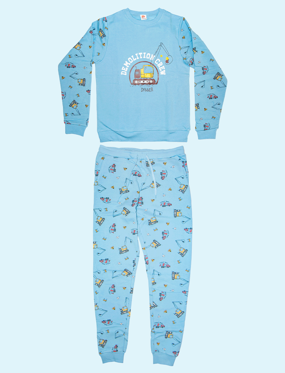 Blue jogging set with cartoon designs on a light blue background