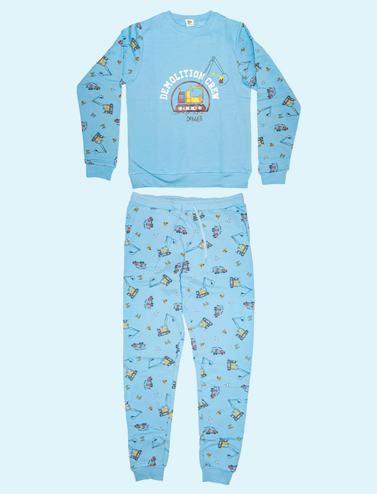 Blue jogging set with cartoon designs on a light blue background